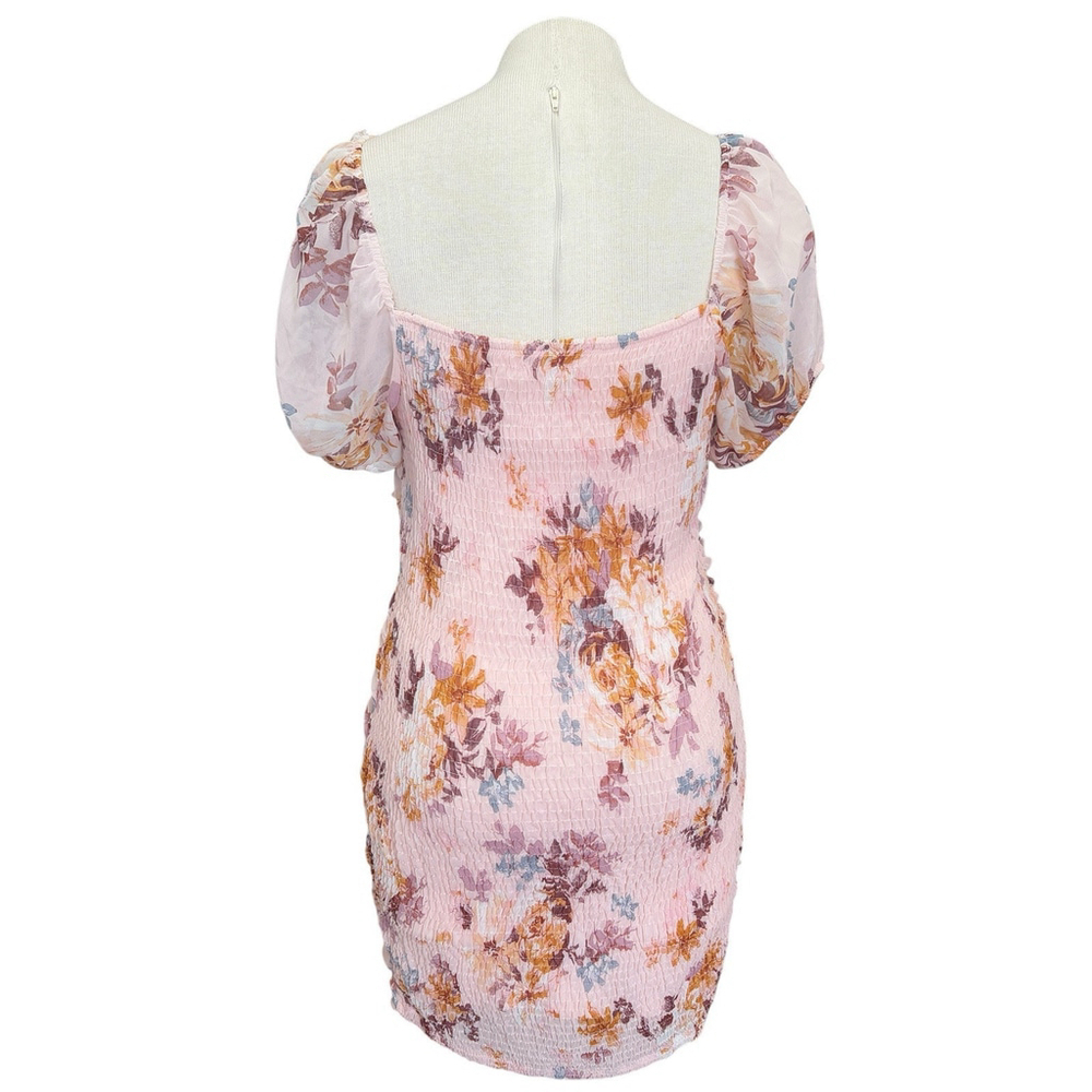 YaYa & Co Womens Fitted Shirred Floral Puff Sleeves Chiffon Romantic Sz. L - Picture 5 of 8